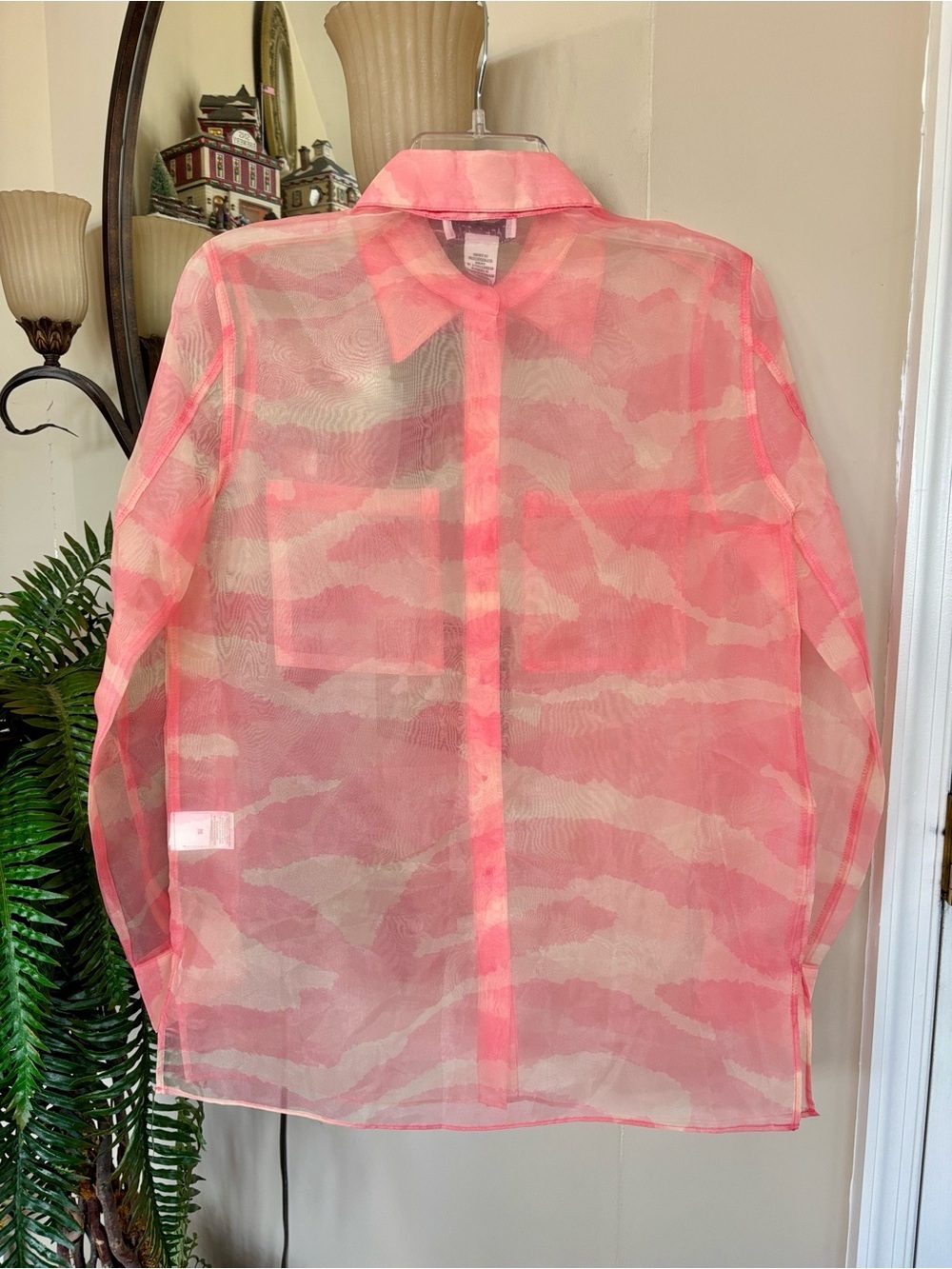 NWT Rachel Zoe Pink & Cream Sheer Camouflage Button-Up Shirt Jacket Blouse - Picture 8 of 13